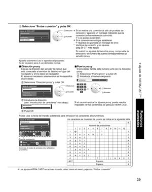 Page 3939
Funciones 
avanzadas
 Ajuste de VIERA CAST
TM
Los ajustesVIERA CAST se activan cuando usted cierra el menú y ejecuta “Probar conexió\
n”.
 Seleccione “Probar conexión” y pulse OK.
Ajuste de VIERA CASTDirección proxy
Puerto proxy0
---Probar conexión
 Seleccione
 Acceder
   Si se realiza una conexión al sitio de pruebas de 
conexión y aparece un mensaje indicando que la 
conexión se ha establecido con éxito.
 Los ajustes están bien.
  Si la conexión no se logra establecer
 Aparece en pantalla un mensaje...