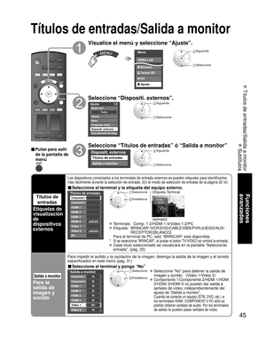 Page 4545
Funciones 
avanzadas
 Títulos de entradas/Salida a monitor
 Subtítulos
Títulos de entradas/Salida a monitor
Títulos de 
entradas
Etiquetas de 
visualización 
de 
dispositivos 
externos
Los dispositivos conectados a los terminales de entrada externos se pued\
en etiquetar para identificarlos 
más fácilmente durante la selección de entrada. (En el modo de\
 selección de entrada de la página 22 
)
■ Seleccione el terminal y la etiqueta del equipo externo.
Custom
3
4
-
-
Títulos de entradas
Componente 1...