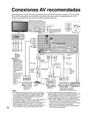 Page 4848
AUDIO
TO AUDIO AMPCOMPONENTINVIDEO IN11 2
VIDEO
S VIDEO AUDIO
AUDIO
PROG OUT
R
PR
PB
Y
R
L
R
PR
PB
Y
LRL
L
AUDIO
IN
PC
RS232C
HDMI 1 HDMI 2 HDMI 3
A
4
Conexiones AV recomendadas
Estos diagramas muestran nuestras recomendaciones sobre cómo conectar\
 el televisor a varios equipos. 
Para hacer otras conexiones, consulte las instrucciones de cada equipo y\
 las especificaciones. Para 
obtener ayuda adicional, visite nuestro sitio Web www.panasonic.com.
Nota
 Las señales de entrada de vídeo y audio...