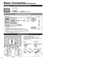 Page 161617
Quick Start 
Guide
 Identifying  Controls Basic Connection (TV + Home Theater + DVD Recorder)
To connect HDMI terminals
VIDEO
DIGITALAUDIO
OUT
AUDIO
INAUDIO
IN
2 1AV  I N
-
SUBSUBMENUMENU
-
Identifying Controls
• The TV consumes a limited amount of power as long as the power cord is inserted into the wall outlet.
Note
Basic Connection (Continued)
Example 4Connecting Home Theater and DVD recorder
Home Theater
DVD Recorder TV
DIGITAL
AUDIO IN
DVD RecorderHome Theater
(AV amp)
HDMI
AV OUTHDMI
AV  I N...