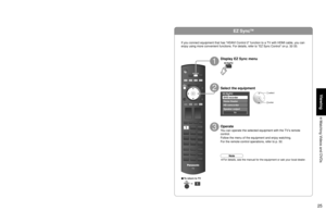 Page 252425
Viewing
 Watching Videos and DVDs
EZ SyncTM
VCR MODE DVD MODE
VCR Record Record
-Skip Reverse/Forward
Rewind/Fast Forward Reverse/Forward
Stop Stop
Pause Pause
Play Play
DVD recorder
Home theater
HD camcorder
Speaker output
TV
Input select
1
2
3
4
5
6
7TV
Component 1
Component 2
HDMI 1
HDMI 2
Video 1
Video 27Video 2
8Video 3
9PC
Video 1
VCR
Display EZ Sync menu
Operate
You can operate the selected equipment with the TV’s remote 
control.
Follow the menu of the equipment and enjoy watching. 
For the...