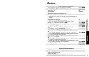 Page 313031
Advanced
 How to Use Menu Functions
(picture, sound quality, etc.)
Menu Item Adjustments/Configurations (alternatives)
Setup
Surf modeSets the mode to select the channel with Channel up/down button (Favorite/All)  Favorite:  Only channels registered as FAVORITE (p. 37)Surf modeAll
LanguageSelects the screen menu language (p. 18)Language
ClockAdjusts the clock (p. 18)Clock
Program channelSets channels (p. 36)Program channel
External devices 
Input labelsSelects the terminal and label of the external...