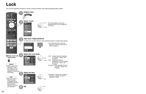 Page 343435
Advanced
 Lock
Menu
Audio
Lock
Setup Memory card Timer Picture EZ Sync
Create password
Enter password
0
9
- ----
Lock
Mode
Channel
Game
Program
Off
Off
Off
Off
Change password
Channel lock
Mode
Channel 1
Channel 2
Channel 3
Custom
3
4
-
Program lock
Monitor out
U.S.TV
On
Off
Off
C.E.L.R.
C.F.L.R.
Off
Off
ModeOn
MPAA
Program lock
Monitor out
U.S.TV
Off
Off
Off
C.E.L.R.
C.F.L.R.
Off
Off
ModeOn
MPAA
Lock
Mode
Channel
Game
Program
Custom
Off
Off
Off
Change password
Change password
Enter new password
0...
