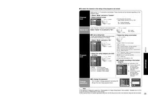 Page 353435
Advanced
 Lock
Menu
Audio
Lock
Setup Memory card Timer Picture EZ Sync
Create password
Enter password
0
9
- ----
Lock
Mode
Channel
Game
Program
Off
Off
Off
Off
Change password
Channel lock
Mode
Channel 1
Channel 2
Channel 3
Custom
3
4
-
Program lock
Monitor out
U.S.TV
On
Off
Off
C.E.L.R.
C.F.L.R.
Off
Off
ModeOn
MPAA
Program lock
Monitor out
U.S.TV
Off
Off
Off
C.E.L.R.
C.F.L.R.
Off
Off
ModeOn
MPAA
Lock
Mode
Channel
Game
Program
Custom
Off
Off
Off
Change password
Change password
Enter new password
0...