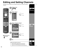 Page 363637
Advanced
 Editing and Setting Channels
Menu
Audio
Lock
Setup Memory card Timer Picture EZ Sync
Setup 1/2
All
Surf mode
Language
Clock
Program channel
External devices
CC
Program channel
CableANT in
Auto
Manual
Signal meter
Caption select
Caption
Caption detail
---
ApplyCancel
Signal  meter
Signal  strength
1-1
Channel
Current
Peak level30%
45%
Program channel
CableANT in
Auto
Manual
Signal meter
Edit
Caption Favorite AddApplyCancelManual program
2......
Ye s3......
Ye s
4......
Ye s
5......
Ye s...