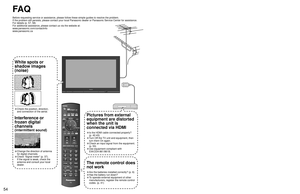 Page 545455
FAQs, etc.
 Frequently Asked Questions
--
SUBSUBMENUMENU
-
FA Q
Before requesting service or assistance, please follow these simple guides to resolve the problem.
If the problem still persists, please contact your local Panasonic dealer or Panasonic Service Center for assistance. 
For details (p. 57, 58)
For additional assistance, please contact us via the website at: 
www.panasonic.com/contactinfo
www.panasonic.ca
No sound is produced
Sound is unusual
• Are the speakers’ cables connected correctly?...