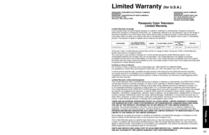Page 575657
FAQs, etc.
 Limited Warranty (for U.S.A.)
 Specifications
TH-50PE700U
Power SourceAC 120 V, 60 HzPower
Consumption
Maximum695 W
Standby condition0.2 W
Plasma 
Display panelDrive methodAC type
Aspect Ratio16:9
Visible screen size
(W × H × Diagonal)
(No. of pixels) 127 cm
43.5 ” × 24.4 ” × 49.9 ”
(1,106 mm × 622 mm × 1,269 mm)
2,073,600 (1,920 (W) × 1,080 (H))
[5,760 × 1,080 dots]
Sound
Audio OutputSuper Slim SP (2.5 W) × 2
Woofer (13 W) × 2
PC signalsVGA, SVGA, XGA, WXGA, SXGA 
Horizontal scanning...