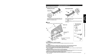 Page 767
Quick Start 
Guide
 Accessories/Optional Accessory
B
A
Accessories/Optional Accessory
1
Open
Hook
2Note the correct polarity
(+ or -).
CloseCaution
Wall-hanging bracket
Accessories
(angle)
• TY-WK42PR3U
Check you have all the items shown.
Remote Control
Transmitter
•N2QAYB000100
Cable clamper (2)Batteries for the
Remote Control
Transmitter 
(2)
•AA Battery
AC cordAntenna Adapter
•F-Type for 5C-2V
Pedestal
•TBL2AX00151
Note
• In order to maintain the TV’s performance and 
safety, be absolutely sure to...