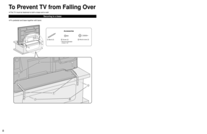 Page 889
Quick Start 
Guide
 To Prevent TV from Falling Over
• Fix pedestal and base together with band.• Fix to wall or post with strong commercial wire or chain.
Securing to a base
To Prevent TV from Falling Over
Securing to a wall
• The TV must be fastened to both a base and a wall.
Main screwRemove screw Clamp (2)
Accessories
 Band (2) Screw (2)  Wood screw (2)
Accessories
•  Nominal diameter
4 mm x 12 
Main screw 
