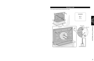 Page 989
Quick Start 
Guide
 To Prevent TV from Falling Over
• Fix pedestal and base together with band.• Fix to wall or post with strong commercial wire or chain.
Securing to a base
To Prevent TV from Falling Over
Securing to a wall
• The TV must be fastened to both a base and a wall.
Main screwRemove screw Clamp (2)
Accessories
 Band (2) Screw (2)  Wood screw (2)
Accessories
•  Nominal diameter
4 mm x 12 
Main screw 