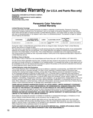 Page 1818
Limited Warranty Coverage
If your product does not work properly because of a defect in materials \
or workmanship, Panasonic Consumer 
Electronics Company (referred to as “the warrantor”) will, for t\
he length of the period indicated on the chart below, 
which starts with the date of original purchase (“Limited Warranty period”), at its option either (a) repair your product 
with new or refurbished parts, or (b) replace it with a new or a refur\
bished product. The decision to repair or replace...