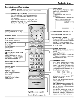 Page 1717
Basic Controls
OFF  TIMER 90
1
2
3 PCNORMAL
Standby (ON / OFF) button
The Plasma Display must ﬁ rst be plugged into 
the wall outlet and turned on at the power switch 
(see page 14).
Press ON to turn the Plasma Display On, from 
Standby mode. Press OFF to turn the Plasma 
Display Off to Standby mode.
SET UP button (see page 18, 19)
SOUND button (see page 28)
DIRECT INPUT buttons
Press the INPUT “1”, “2”, “3” or “PC” 
input mode selection button to select 
the INPUT mode. (see page 20)
This button is...