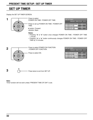 Page 3232
PRESENT TIME SETUP / SET UP TIMER
SET UP TIMER
Press to select 
POWER ON TIME / POWER OFF TIME.
Press to set up POWER ON TIME / POWER OFF 
TIME.
   button: Forward
   button: Back
Notes:
• Pressing “  ” or “  ” button once changes POWER ON TIME / POWER OFF TIME 
1 minute.
• Pressing “  ” or “  ” button continuously changes POWER ON TIME / POWER OFF 
TIME by 15 minutes.
 
Press to select POWER ON FUNCTION 
/ POWER OFF FUNCTION. 
Press to select ON.
Press twice to exit from SET UP.
Note: 
Timer function...