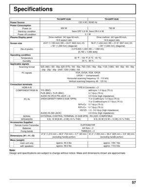 Page 5757
TH-50PF10UK TH-65PF10UK
Power Source 120 V AC, 50/60 Hz
Power Consumption
Power on650 W 790 W
Stand-by conditionSave OFF 0.6 W, Save ON 0.4 W
Power off condition0.1 W
Plasma Display panelDrive method : AC type 50-inch, 
16:9 aspect ratioDrive method : AC type 65-inch, 
16:9 aspect ratio
Screen size43.5” (1,106 mm) (W) × 24.5” (622 mm) (H) 
× 50” (1,269 mm) (diagonal)56.5” (1,434 mm) (W) × 31.8” (807 mm) (H) 
× 65” (1,646 mm) (diagonal)
(No.of pixels)2,073,600 (1,920 (W) × 1,080 (H))
[5,760 × 1,080...