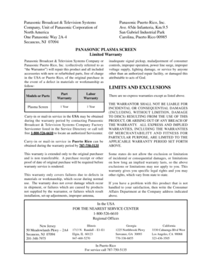 Page 47Panasonic Broadcast & Television Systems
Company, Unit of Panasonic Corporation of 
North America 
One Panasonic Way 2A-4
Secaucus, NJ  07094Panasonic Puerto Rico, Inc. 
Ave. 65de Infanteria, Km.9.5
San Gabriel Industrial Park
Carolina, Puerto Rico 00985
PANASONIC PLASMA SCREEN
Limited Warranty
Panasonic Broadcast & Television Systems Company or 
Panasonic Puerto Rico, Inc. (collectively referred to as 
“the Warrantor”) will repair this product and all included 
accessories with new or refurbished parts,...