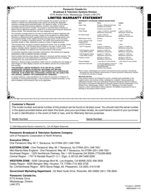 Page 48Printed in JAPAN
MBS0806A1116
Panasonic Broadcast & Television Systems Company
Unit of Panasonic Corporation of North America
Executive Ofﬁ ce :
One Panasonic Way 4E-7, Secaucus, NJ 07094 (201) 348-7000
EASTERN ZONE : One Panasonic Way 4E-7 Secaucus, NJ 07094 (201) 348-7621
Mid-Atlantic/New England : One Panasonic Way 4E-7 Secaucus, NJ 07094 (201) 348-7621
Southeast Region : 1225 Northbrook Parkway, Ste 1-160 Suwanee GA 30024 (770)338-6835
Central Region : 1707 N Randall Road E1-C-1, Elgin, IL 60123...