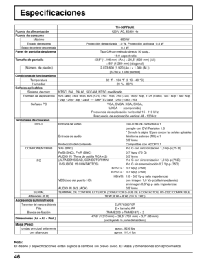 Page 4646
Especiﬁ caciones
TH-50PF9UK
Fuente de alimentación 120 V AC, 50/60 Hz
Fuente de consumo
Máximo 650 W
Estado de espera Protección desactivada 1,0 W, Protección activada  0,8 W
Estado de corriente desconectada0,1 W
Panel de pantalla de plasmaTipo CA con método directo 50 pulg.,
 16:9 aspect ratio
Tamaño de pantalla43,5” (1.106 mm) (An.) × 24,5” (622 mm) (Al.) 
× 50” (1.269 mm) (diagonal)
(Número. de pixeles) 2.073.600 (1.920 (An.) × 1.080 (AI.))
[5.760 × 1.080 puntos]
Condiciones de funcionamiento...