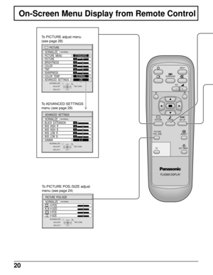 Page 2020
On-Screen Menu Display from Remote Control
PLASMA DISPLAY
INPUT
SURROUND
VOL
NR
PICTURE
SOUNDSET UP
ASPECT PICTURE
POS. /SIZE
OFF TIMER
PC
PICTURE
NORMALIZE
PICTURE  MENU
BRIGHTNESS
COLORSTANDARD
0
0
TINT
COLOR  TEMPNORMAL
ADVANCED  SETTINGSON PICTURE0
0
0
SHARPNESS
NORMALIZENORMAL
SELECTADJUSTRETURN
To ADVANCED  SETTINGS
menu (see page 29)
To PICTURE adjust menu
(see page 28)
NORMALIZENORMAL
SELECT
ADVANCED  SETTINGS
NORMALIZE
BLACK  EXTENSION
W/B  HIGH  R
W/B  HIGH  B0
0
0 0
W/B  LOW  R
GAMMA2. 2 0...