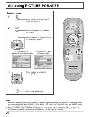 Page 2424
Adjusting PICTURE POS./SIZE
PLASMA DISPLAY
SURROUND
VOL
N
PICTURE
SOUNDSET UP
OFF TIMER
PC
INPUT
ASPECTPICTURE
POS. /SIZE
R
Adjusting screen
ASPECT1
2
3
Press to select the screen mode to
adjust (see page 23).
PICTURE
POS. /SIZE
Press to display the PICTURE POS./
SIZE menu.
ADJUST NORMALIZENORMAL
SELECT
PICTURE  POS./SIZE
NORMALIZE
H-POS
H-SIZE
V-POS
V-SIZE
RETURNADJUST NORMALIZENORMAL
SELECT
PICTURE  POS./SIZE
NORMALIZE
H-POS
H-SIZE
V-POS
V-SIZE
CLOCK  PHASE
RETURN
Press to adjust screen/position...