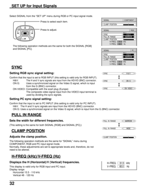 Page 3232
Select SIGNAL from the “SET UP” menu during RGB or PC input signal mode.
Press to select each item.
Press to adjust.
SIGNAL[
  RGB  ]
SYNC
PULL-IN  RANGE
H
-FREQ.                 kHz
V-FREQ.                  HzH & V
NARROW
31.5
60.0
CLAMP  POSITION
SIGNAL[
  PC  ]
SYNC
PULL-IN  RANGE
H
-FREQ.                 kHz
V-FREQ.                  HzH & V
NARROW
31.5
60.0
CLAMP  POSITION
The following operation methods are the same for both the SIGNAL [RGB]
and SIGNAL [PC].
SYNC
SYNCH & V
SYNCON  VIDEO
SYNCON...
