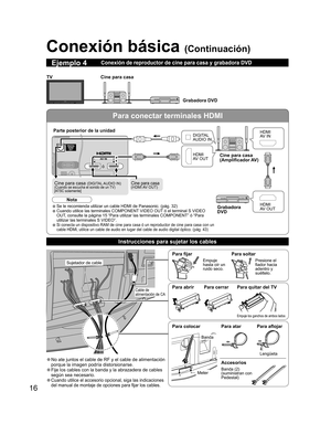 Page 1716
Para conectar terminales HDMI
VIDEO
DIGITALAUDIO
OUT
AUDIO
INAUDIO
IN
2 1AV  I N
Conexión básica (Continuación)
Cine para casa 
Grabadora DVD TV
 Conexión de reproductor de cine para casa y grabadora DVDEjemplo 4
Cable de 
alimentación de CA
DIGITAL
AUDIO IN
Grabadora 
DVDCine para casa 
(Amplificador AV)
HDMI
AV OUTHDMI
AV IN
HDMI
AV OUT
• Se le recomienda utilizar un cable HDMI de Panasonic. (pág. 32) 
• Cuando utilice las terminales COMPONENT VIDEO OUT ó el terminal S VIDEO 
OUT, consulte la página...