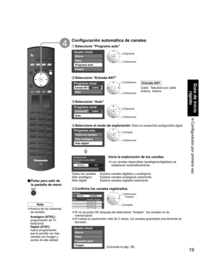 Page 2019
Guía de inicio 
rápido
 Configuración por primera vez
Programa canal 
CableEntrada ANT 
Auto 
Programa auto
Progreso Escaneando canales digital
Terminar40%
Títulos Favoritos Agregar
AceptarCancelara manual
... .
Sí
... .
Sí
... .
Sí
Ajuste inicial
Imagen
Idioma
Reloj
Programa auto
Programa canal 
CableEntrada ANT 
Auto 
Programa auto
Todos los canales
Sólo analógico
Sólo digital
Ajuste inicial
Imagen
Idioma
Reloj
Programa auto
 Siguiente
 Seleccione 
 Seleccione 
“Aceptar”.
 Aceptar
 Siguiente...