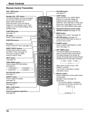Page 16COMPO.PC
FUNCTION
DISPLAY
PICTURE
POS.
/SIZE
INPUT
CH VIDEO
MENU
HDMI
OFF TIMEREXT.SCALER
0Õ
DISPLAY
MEM.
LOAD
16
Standby (ON / OFF) button
The Plasma Display must first be plugged 
into the wall outlet and turned on at the 
power switch (see page 13).
Press this button to turn the Plasma 
Display On, from Standby mode. Press 
it again to turn the Plasma Display Off to 
Standby mode.
Remote Control Transmitter
Basic Controls
POS. /SIZE button 
(see page 31) PICTURE button
 
(see page 21)
LIGHT button...