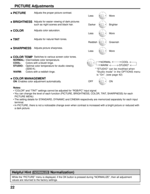 Page 2222
While the “PICTURE” menu is displayed, if the OK button is pressed\
 during “NORMALIZE”, then all adjustment 
values are returned to the factory settings.
Helpful Hint (NORMALIZE  Normalization)
PICTURE Adjustments
● PICTUREAdjusts the proper picture contrast.Less
More
● BRIGHTNESSAdjusts for easier viewing of dark pictures 
such as night scenes and black hair.Darker
Brighter
● COLORAdjusts color saturation.
Less
More
● TINTAdjusts for natural flesh tones.Reddish
Greenish
● SHARPNESSAdjusts picture...