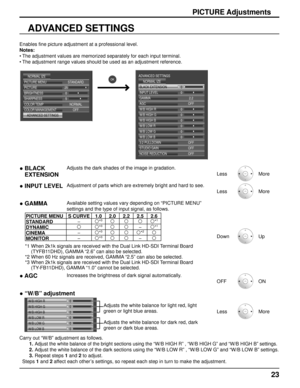 Page 2323
Enables fine picture adjustment at a professional level.
Notes:The adjustment values are memorized separately for each input terminal.
The adjustment range values should be used as an adjustment reference.
•
•
ADVANCED SETTINGS
PICTURE Adjustments
Carry out “W/B” adjustment as follows.
1. 
Adjust the white balance of the bright sections using the “W/B HIGH R\
” , “W/B HIGH G” and “W/B HIGH B” settings.
2. Adjust the white balance of the dark sections using the “W/B LOW R”\
 , “W/B LOW G” and “W/B LOW...