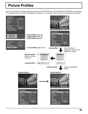 Page 2525
Picture Profiles
Up to 16 combinations of picture adjustment values (in the PICTURE menu\
 and ADVANCED SETTINGS) can be stored 
in the display memory as profiles and applied as needed, for a convenien\
t way to enjoy your preferred picture settings. Custom picture 
PICTURE MENUDYNAMIC
25 0
5
OFF
NORMAL
PICTURE
NORMAL IZE
BRIGHTNESS
SHARPNESS
COLOR TEMP
COLOR MANAGEMENT ADVANCED SETTINGS
MEMORY SAVE
MEMORY LOAD MEMORY EDIT 6
COLOR
0
TINT
STANDARD
ADVANCED SETTINGS
PICTURE MENU
250
5
OFF
NORMAL...