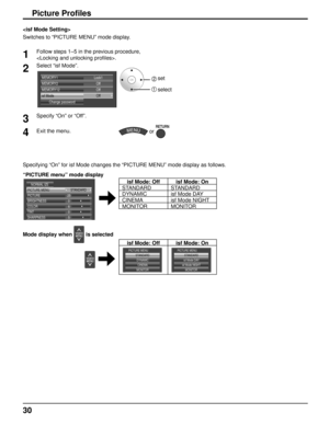 Page 3030
Picture Profiles

Switches to “PICTURE MENU” mode display. 
1Follow steps 1–5 in the previous procedure, 
. 
2Select “isf Mode”.
Lock1
Change password
MEMORY1
Off Off
MEMORY2
MEMORY12
Off
isf Mode2   set
1 select
3Specify “On” or “Off”. 
4Exit the menu. or 
Specifying “On” for isf Mode changes the “PICTURE MENU” mode\
 display as follows. 
“PICTURE menu” mode display
STANDARD
PICTURE MENU
250
5
PICTURE
NORMAL IZE
BRIGHTNESS 6
COLOR
0
TINT
SHARPNESS
                           isf Mode: Off isf Mode:...