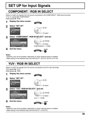 Page 3939
SET UP for Input Signals
COMPONENT / RGB IN SELECT
Select to match the signals from the source connected to the COMPONENT / RGB input terminals.
Y,  P
B, PR signals  “COMPONENT”
RGB signals 
 “RGB”
Notes: Selection may not be possible, depending on which optional board is inst\
alled.
Make setting of the selected input terminal (SLOT1, SLOT2, SLOT3 or PC \
IN).
•
•
YUV / RGB IN SELECT
Select to match the signals from the source connected to the DVI input t\
erminals.
YUV signals  
“YUV”
RGB signals...