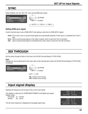 Page 4133.7    kHz
60.0    Hz
1125(1080)/60i
H-FREQ.
V-FREQ.
SIGNAL FORMAT
33.7    kHz
60.0    Hz
1125(1080)/60i
H-FREQ.
V-FREQ. 108.0  MHz
DOT CLOCK-FREQ.
SIGNAL FORMAT
41
SET UP for Input Signals
Select SIGNAL from the “SET UP” menu during RGB input signal.
SYNC
Setting RGB sync signal
Confirm that the input is set to RGB INPUT (this setting is valid only for RGB INPUT signal)
AUTO: The H and V sync or synchronized signal are automatically selected. If b\
oth input, it is selected the H and V sync.
ON G:...