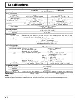 Page 5252
Specifications
TH-50VX100UTH-65VX100U
Power Source  110 - 127 V AC, 50/60 Hz
Power Consumption Power on 605 W 755 W
Stand-by condition Save OFF 0.9 W, Save ON 0.5 W
Save OFF 1.0 W, Save ON 0.5 W
Power off condition 0.1 W
0.2 W
Plasma Display panel Drive method : AC type 50-inch, 
16:9 aspect ratio Drive method : AC type 65-inch, 
16:9 aspect ratio
Screen size 43.5” (1,106 mm) (W) × 24.4” (622 mm) (H) 
× 49.9” (1,269 mm) (diagonal) 56.4” (1,434 mm) (W) × 31.7” (807 mm) (H) 
× 64.7” (1,646 mm)...