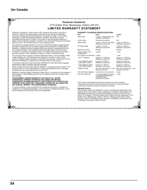 Page 54Panasonic Canada Inc.
5770 Ambler Drive, Mississauga, Ontario L4W 2T3
LIMITED WARRANTY STATEMENT
Item
Video Tape
P2/SD Cards
Video Heads
D5 Video heads
Maintenance Items
Colour Camera CCD
Imaging Block
BT-H Series LCD Monitors
* DLP™ Projectors
* LCD Projectors above 2,500 ANSI Lumens
* LCD Projectors below 2,500 ANSI Lumens
Projector Lamps
103 inch Plasma displays
Hard Drive Disk Unit Parts
30 days — Replacement only 
(content not covered)
(Content not covered)
1 year or 2,000 hrs. (prorated) Whichever...
