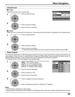 Page 4343
This television incorporates V-CHIP technology to block the viewing of movies and television programs according to the
rating category. There are four (4) Content Advisory Categories: MPAA (Motion Picture Association of America) and TV
Parental Guidelines Ratings. These categories are used as guidelines for blocking the programs.
• The default mode for the Lock category is the Unlocked state.
Press to select MPAA, U.S.TV, C.E.L.R or C.F.L.R.
MPAA: for U.S movie ratings
U.S. TV: for U.S TV program...