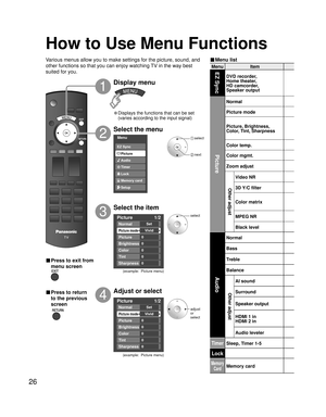 Page 2626
Menu ItemEZ Sync
DVD recorder, 
Home theater, 
HD camcorder, 
Speaker output
Picture
Normal 
Picture mode
Picture, Brightness,
Color, Tint, Sharpness
Color temp.
Color mgmt.
Zoom adjust
Other adjust
Video NR
3D Y/C filter 
Color matrix
MPEG NR
Black level
Audio
Normal
Bass
Treble
Balance
Other adjust
AI sound
Surround
Speaker output
HDMI 1 in
HDMI 2 in
Audio leveler
TimerSleep, Timer 1-5
Lock
Memory
CardMemory card
Picture    1/2
Normal
Picture mode
Picture
Brightness
Color
Set
Vivid
0
0
0
Tint0...