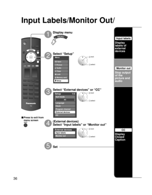 Page 3636
Setup 1/2
All
Surf mode
Language
Clock
Program channel
External devices
CC
Menu
Audio
Lock
Setup Memory card Timer Picture EZ Sync
External devices
Input labels
Monitor out
Input Labels/Monitor Out/ 
 next
 select
 next
 select
Select “Setup”
2
Display menu
1
3
5
■ Press to exit from 
menu screen
Set
Select “External devices” or “CC”
Stop output
of the 
picture and 
audio
Display
Closed 
Caption
CC next
 select
4
(External devices)
Select “Input labels” or “Monitor out”
Monitor out
Display
labels of...