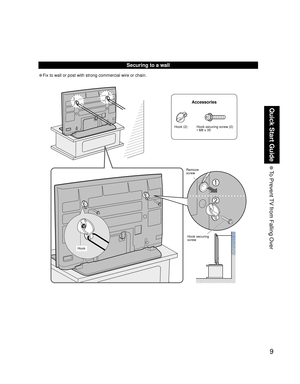 Page 99
Quick Start Guide
 To Prevent TV from Falling Over
• Fix to wall or post with strong commercial wire or chain.
Securing to a wall
Hook securing 
screw Remove 
screw
Accessories
Hook (2) Hook securing screw (2)
• M8 x 35
Hook 