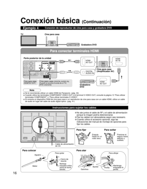 Page 1616
Para conectar terminales HDMI
ANTENNACable In
RLHDMI 1AUDIO INVIDEO
S VIDEO
PRPBY
DIGITALAUDIO OUT
HDMI 2AUDIO INAV IN  1AV IN  2
Conexión básica (Continuación)
Cine para casa Grabadora DVD
TV
 Conexión de reproductor de cine para casa y grabadora DVDEjemplo 4
DIGITAL
AUDIO IN
Cine para casa 
(Amplificador AV)
HDMI
AV OUT
HDMI
AV IN
• Se le recomienda utilizar un cable HDMI de Panasonic. (pág. 30) 
• Cuando utilice las terminales COMPONENT VIDEO OUT ó el terminal S VIDEO OUT, consulte la página 13...
