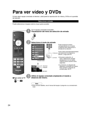 Page 2424
Video 1
VCR
Seleccionar entrada
1
2
3
4
5
6
7TV
Componente 1
Componente 2
HDMI 1
HDMI 2
Video 1
Video 2 
Para ver vídeo y DVDs
Si tiene algún equipo conectado al televisor, usted podrá la reproducción de vídeos y DVDs en la pantalla 
del televisor.
Con el equipo conectado encendido
Visualización del menú de selección de entrada
Pulse la tecla de número 
correspondiente en el mando 
a distancia para seleccionar la 
entrada de su elección.
Pulse la flecha ascendente/descendente 
para seleccionar la...