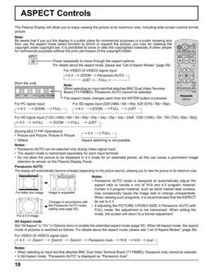 Page 18INPUT MENU  ENTER/ +/  VOL -/ 
18
ASPECT Controls
The Plasma Display will allow you to enjoy viewing the picture at its maximum size, including wide screen cinema format 
picture.
Press repeatedly to move through the aspect options:
For details about the aspect mode, please see “List of Aspect Modes” (page 59). 
Panasonic AUTO
The display will automatically become enlarged (depending on the picture source), allowing you to view the picture at its maximum size.
Panasonic AUTO 4 16 
3 9 Notes:
• Panasonic...