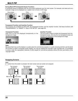 Page 2020
MULTI PIPMULTI PIP
Swapping Screens
 
Each time this button is pressed, the main screen and sub screen are swapped.
Two screens
(P AND  P)
Main screen Sub screen
Two screens
(P OUT P)Two screens
(P IN P)
During Blend PIP (Composite Screen Function) :
A composite picture is displayed with the sub screen positioned over the main screen. For example, text data such as a 
computer image can be displayed as a caption over a movie or still image.
One screen FULL P IN P
Transparent Function and Insertion...