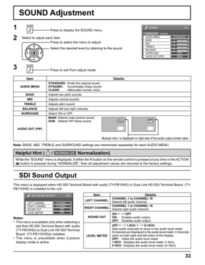 Page 330 
0 
0 
1/2
SOUND 
NORMAL NORMALIZE STANDARD 
OFF  TREBLE  AUDIO MENU 
BALANCE BASS 
0 
MID 
SURROUND 
MAIN  AUDIO OUT (PIP) 
33
SOUND Adjustment
1Press to display the SOUND menu.
Press to select the menu to adjust.
Select the desired level by listening to the sound.
Press to exit from adjust mode.
2Select to adjust each item.
While the “SOUND” menu is displayed, if either the N button on the remote control is pressed at any time or the ACTION 
(
  ) button is pressed during “NORMALIZE”, then all...