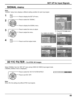 Page 491/2
SIGNAL
SCREENSAVER
EXTENDED LIFE SETTINGS
PC
OFF
STANDBY SAVE
OFF
POWER MANAGEMENTOFF
AUTO POWER OFF
OFF
OSD LANGUAGEENGLISH (
US) COMPONENT/RGB-IN SELECT
RGB
INPUT LABEL
POWER SAVE
SET UP
3D Y/C FILTER (NTSC)
COLOR SYSTEM
SIGNAL
ON
AUTO
3 : 2 PULLDOWN
Panasonic AUTO (4 : 3)OFF
4:3
[ 
VIDEO ]
NOISE REDUCTION
OFFREFRESH RATE
100 Hz
3 : 2 PULLDOWN
SIGNAL
OFF
[ 
Digital ] 
NOISE REDUCTION
OFF REFRESH RATE
100 HzH-FREQ.
V- F R E Q .kHz
Hz 63.98
60.02
DOT CLOCK FREQ.MHz 108.0
SIGNAL FORMAT 1280×1024/60
3...