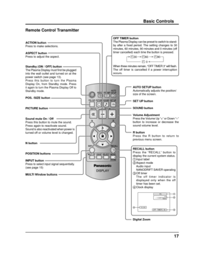 Page 1717
OFF  TIMER  90 
1
2
3
410:00
PC4:3
♪  COMPONENTNANODRIFT
Basic Controls
Standby (ON / OFF) button
The Plasma Display must ﬁ   rst be plugged 
into the wall outlet and turned on at the 
power switch (see page 13).
Press this button to turn the Plasma 
Display On, from Standby mode. Press 
it again to turn the Plasma Display Off to 
Standby mode.
ACTION button
Press to make selections.
ASPECT button
Press to adjust the aspect. 
POS. /SIZE button 
PICTURE button  
Sound mute On / Off  
Press this button...