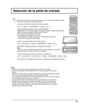 Page 43INPUT MENU ENTER/ + / 
VOL - / 
INPUT MENU ENTER/+/
VOL-/
15
Selección de la señal de entrada
Notas:
•  También se puede seleccionar mediante la tecla INPUT de la unidad.
•  Emite el sonido según se haya determinado en “Audio input select”\
 del menú de 
Options. 
•  Seleccione de forma que las señales procedentes de la fuente conectad\
a concuerden  con las de los terminales de entrada de vídeo componente/RGB.
•  En la visualización de pantalla 2 no se puede seleccionar el mismo mo\
do de entrada  para...