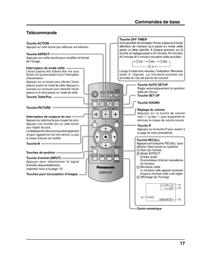 Page 7117
Commandes de base
Interrupteur de mode veilleL’écran plasma doit d’abord être mis sous 
tension sur la prise secteur et sur l’interrupteur 
d’alimentation.
Appuyez sur ce bouton pour allumer l’écran 
plasma à partir du mode de veille. Appuyez à 
nouveau sur ce bouton pour éteindre l’écran 
plasma et le faire passer en mode de veille.
Touche ACTIONAppuyez sur cette touche pour effectuer une sélection.
Touche ASPECT
Appuyez sur cette touche pour modiﬁ er le format 
de l’image.
Touche Taille/Pos. 
Touche...