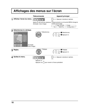 Page 7218
Afﬁ chages des menus sur l’écran
Télécommande Appareil principal
1Afﬁ chez l’écran du menu.
Appuyez sur cette touche pour sélectionner.
(Exemple: menu Image)
MENU
 Appuyez à plusieurs reprises.
Chaque pression sur la touche MENU change le 
contenu de la page. Page normale Image
Conﬁ guration
Son Taille/Pos.
2Sélectionnez la rubrique.
25 
0 
0 
0 
5 Normal
Normal Non
Image
NormalNormaliser
Luminosité
Netteté Mode Image
Couleur Contraste
Te i n t e
Gestion de la couleur Réglages avancés
Sauvegarde...