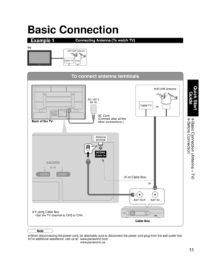 Page 1111
Quick Start 
Guide
 Basic Connection (Antenna + TV) Before  Connection
To connect antenna terminals
ANT OUTANT IN
2 1AV IN
ANTENNACable In
Basic Connection
Connecting Antenna (To watch TV)Example 1
(If no Cable Box) 
• If using Cable Box
•Set the TV channel to CH3 or CH4.AC Cord
(Connect after all the 
other connections.)
Cable TVVHF/UHF Antenna
TV
Back of the TV
Cable TV AC 120 V
60 HzVHF/UHF Antenna
Cable Box
Antenna 
terminal
Note
•When disconnecting the power cord, be absolutely sure to disconnect...